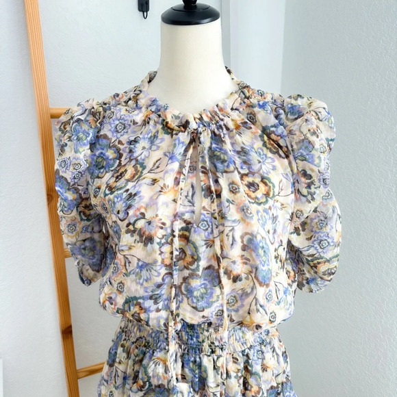 Misa Las Angles Kayla Mini Dress Sketched Floral Smocked Tie Neck - Picture 8 of 16